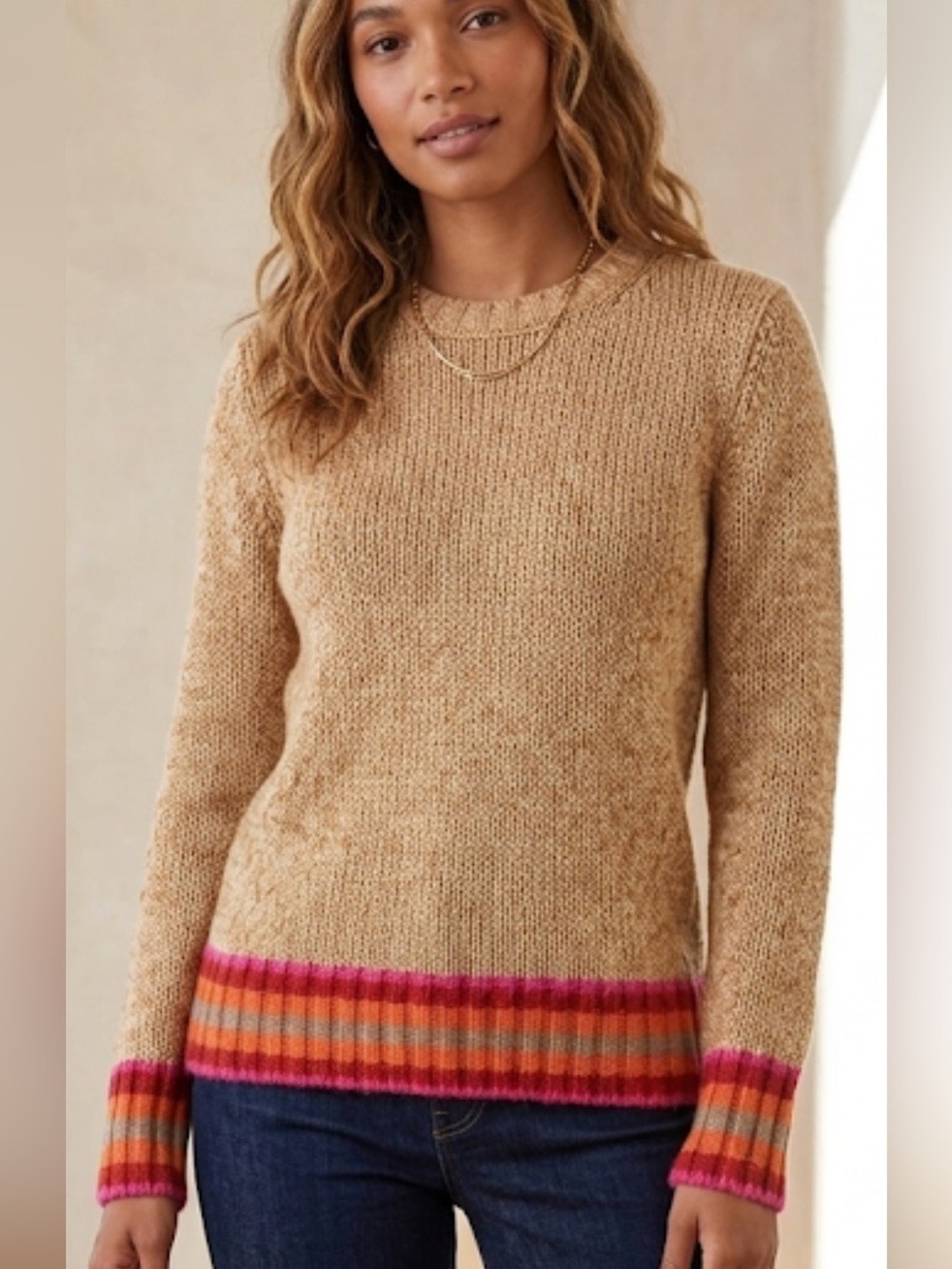 Gap Brown Knit Sweater with Multicolored Ribbed Hem small